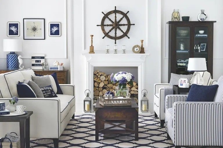 A nautical-themed living room as an example of NH Seacoast vacation rental designs