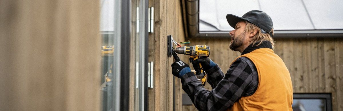 New Hampshire Seacoast home contractors install an electrical box with work gloves and a drill-thin